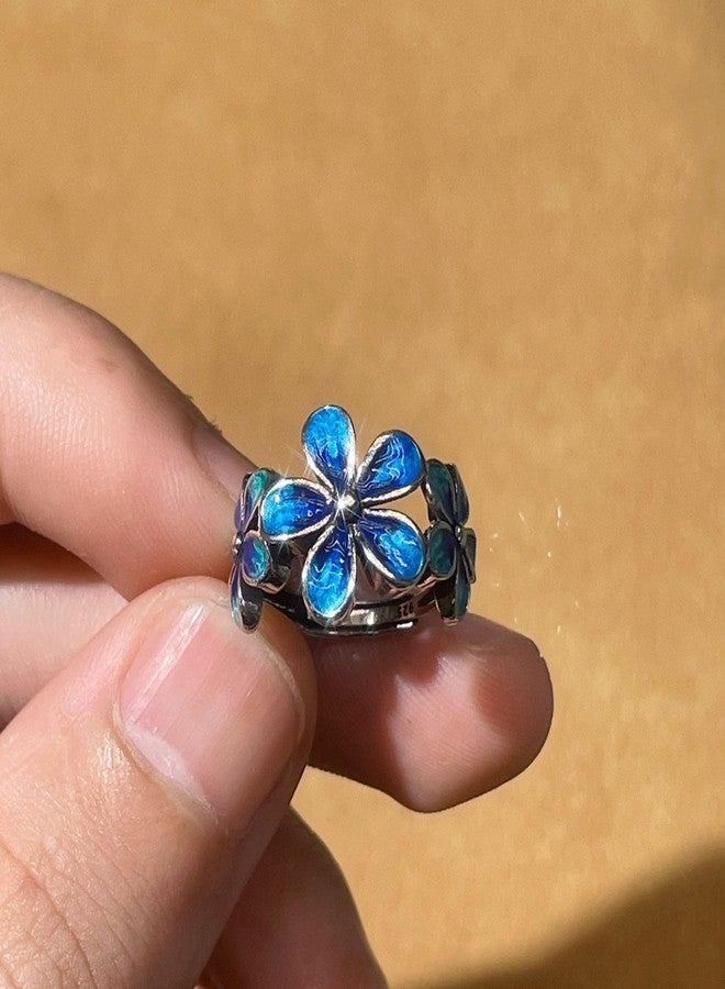 HAIXIAN Forget-Me-Not Flower Statement Ring, Silver Plated Enamel Band, Colorful Floral Design (Ring_A_blueblue, Adjustable) - Image 3